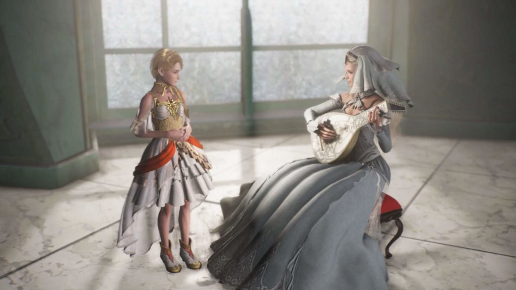 Princess Sarah plays the lute for her sister, Princess Mia, in Stranger of Paradise: Final Fantasy Origin.